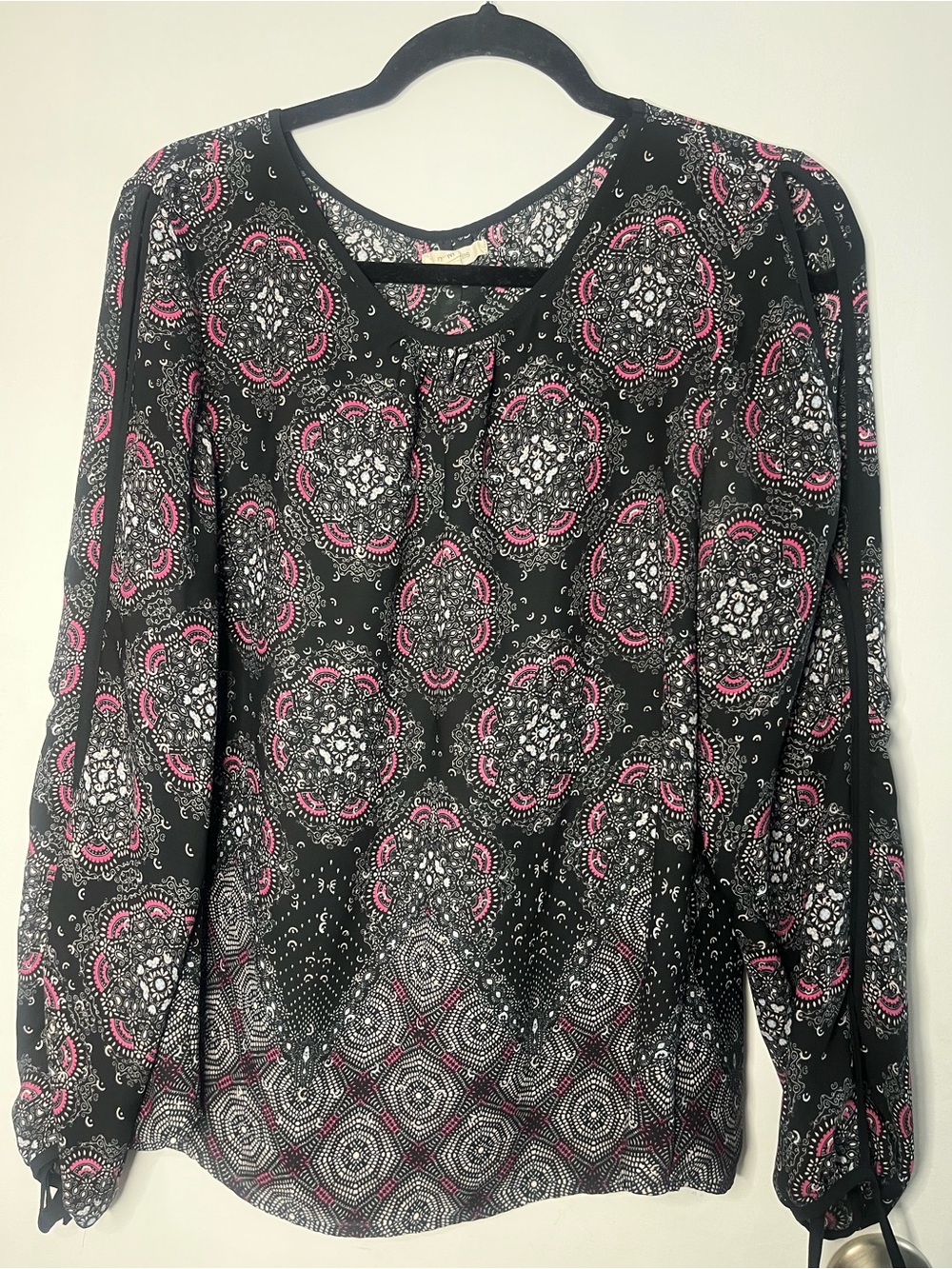 Maurices Black Blouse with Pink & White Medallion Print